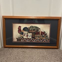 30 X 17 1/2” Rooster And Basket Matted Framed Picture. 