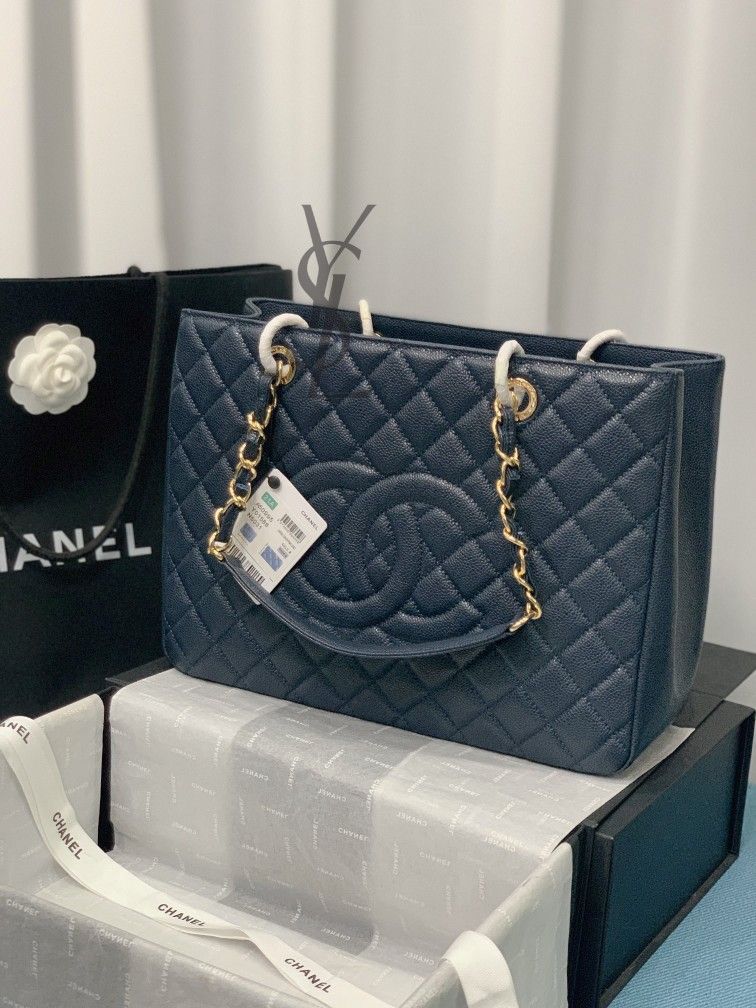 Chanel Grand Shopping Tote 50995 blue with gold hardware 24x33x13cm