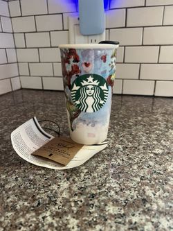 New With Tags Starbucks 2015 Watercolor World Map Double-Wall Ceramic Traveler Mug With Lid 