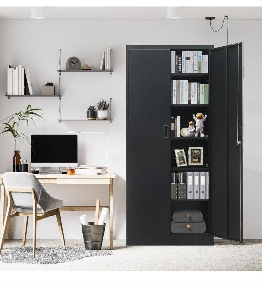 Metal Storage Cabinet, Locking Cabinet with 5 Adjustable Shelves for Garage, Office, Home, Classroom- Black