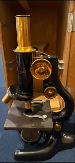 Vintage American Optical Brass & Black Microscope with Wooden Cabinet