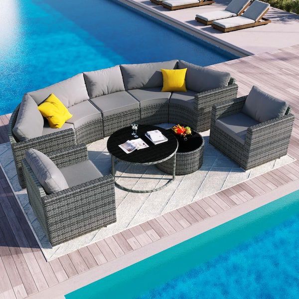 9-Piece Outdoor Patio Wicker Half-Moon Sectional Sofa w/ Gray Cushions [NEW IN BOX] **Retails for $1255