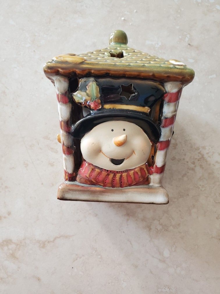 Glazed Clay Snowman Candle Holder