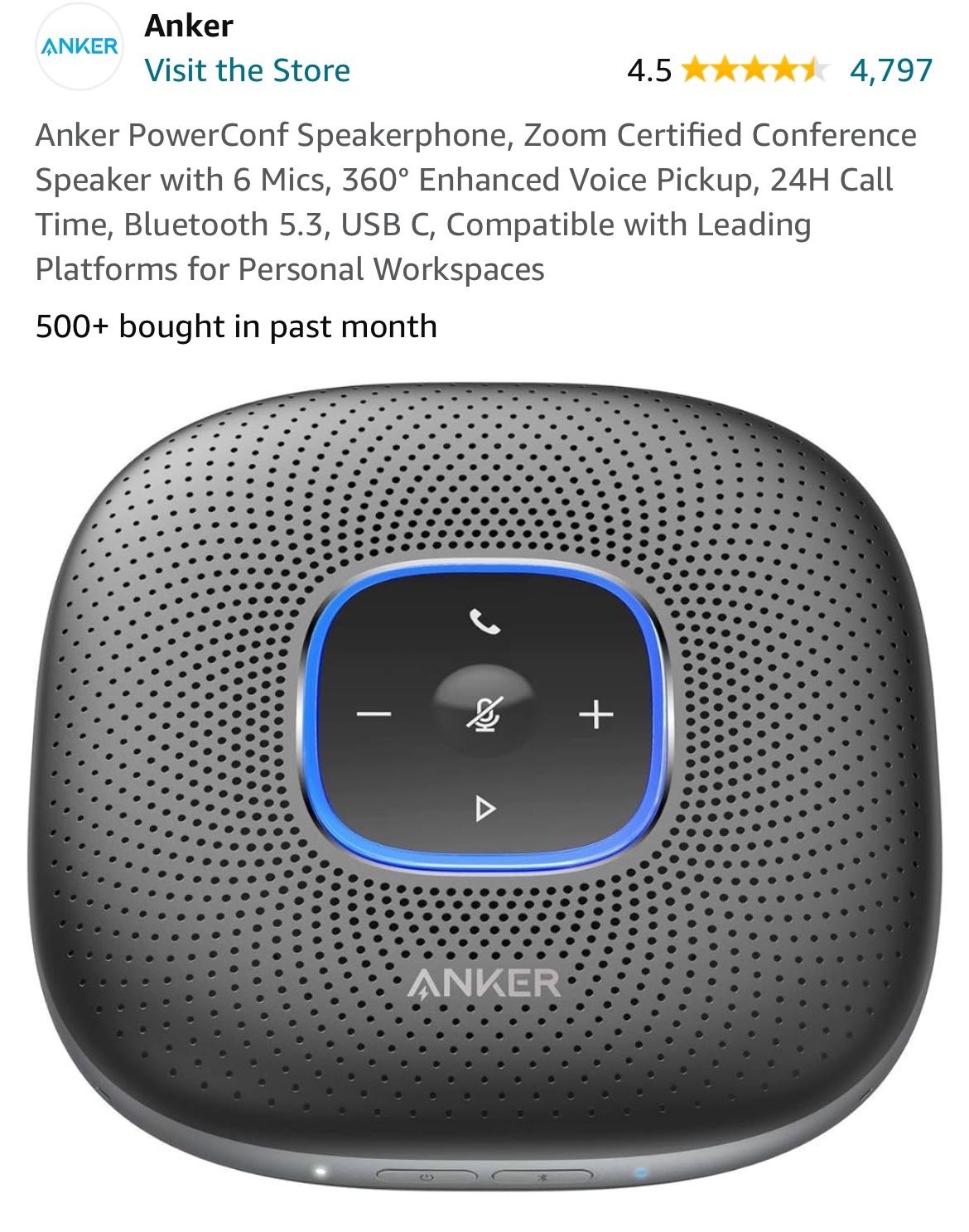 Anker PowerConf Speakerphone, Zoom Certified Conference Speaker with 6 Mics, 360° Enhanced Voice Pickup, 24H Call Time, Bluetooth 5.3, USB C