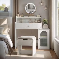 38.5 in. W White Makeup Vanity Set with Mirror and Light, Storage Chair and Side Cabinet with Waveform Glass Doors