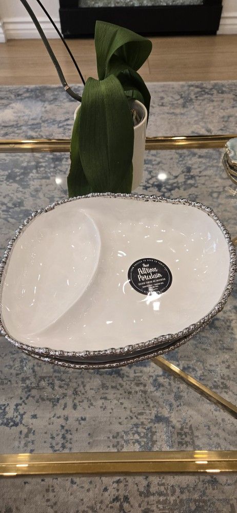 Two Brand New Porcelain Pampa Bay White and Silver 2 Section Serving Platters