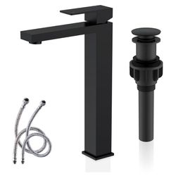 KENES Matte Black Bathroom Faucet Single Handle Tall Vessel Sink Faucet Vanity Bathroom Faucet Basin Mixer Tap with Water Supply Hose and Pop Up Sink 