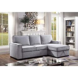 GRAY LINEN LIKE FABRIC REVERSIBLE CHAISE SECTIONAL SOFA BED / SILLON CAMA