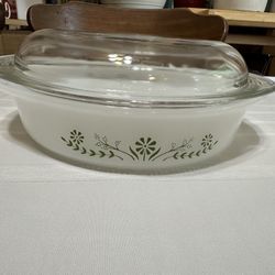 Vintage Glasbake Milk Glass Green Daisy Casserole Dish With Lid