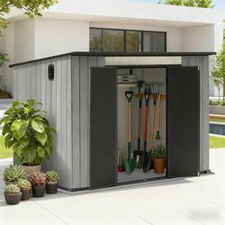 2143  Domi 6x9FT Lean to Resin Shed, Plastic Outdoor Storage Shed with Carpet, Outside Storage Building for Garden Tools, Bike, Lawn Mower, Yard