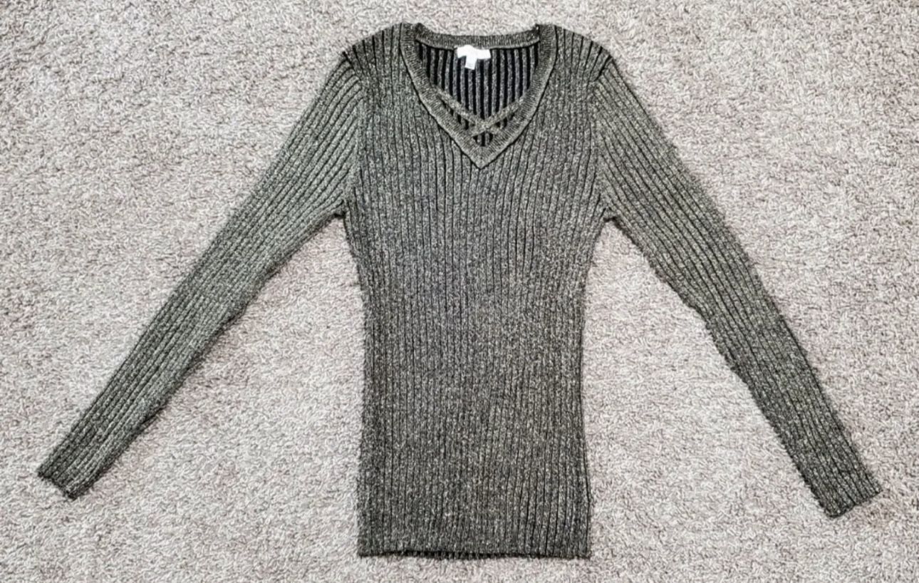 Women's A'gaci Stretch Ribbed Long Sleeve Sweater Top Size L Gold Black