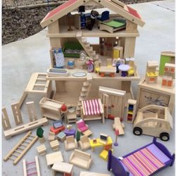 Wooden Doll House, Family, Furniture, Car, Garage and More