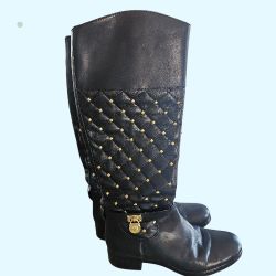 Michael Kors Quilted Gold Studded Black Leather Knee Hight Boots
