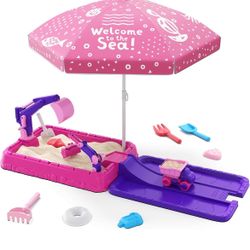 Sandbox with Lid, Dirt Digger Excavator Sand Box with Cover, Kids Sand Pit with Construction Toys/Umbrella/Beach Toys for Toddler 3-5, Sensory Kit Sum