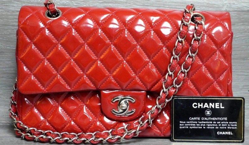 Chanel Red/Silver Quilted Patent Medium Double Flap Bag (Guaranteed Authentic)
