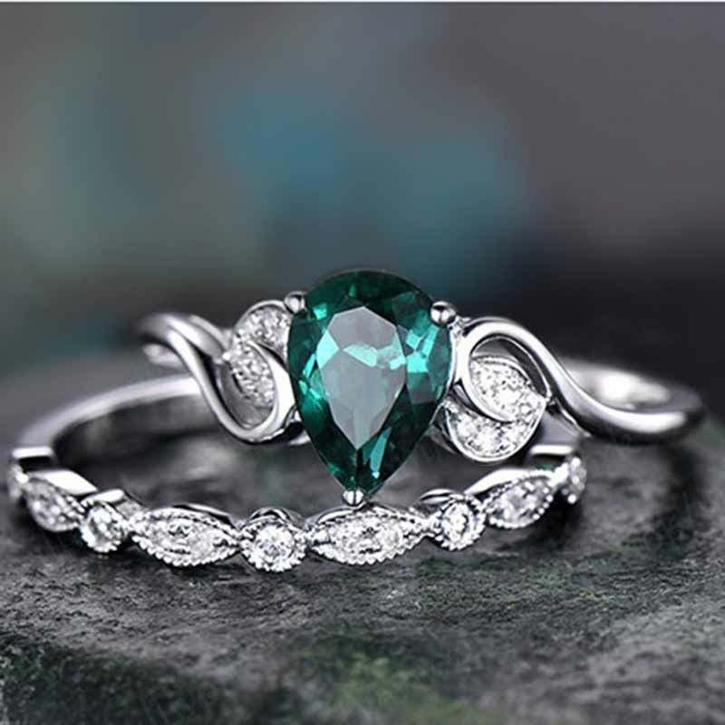 "Elegant Dainty Lake Green Anillos 925 Silver Couple Ring Set, VIP211
