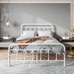 Full Size Bed Frame with Headboard and Footboard Vintage Metal White Heavy duty platform with steel slat support,no box spring needed,easy-to-assemble