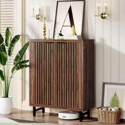 New assembled 6-Tier Shoe Cabinet with Shutter Doors, Large Wooden Shoe Organizer Rack with Adjustable Shelves, Modern Farmhouse Hidden Storage Furnit