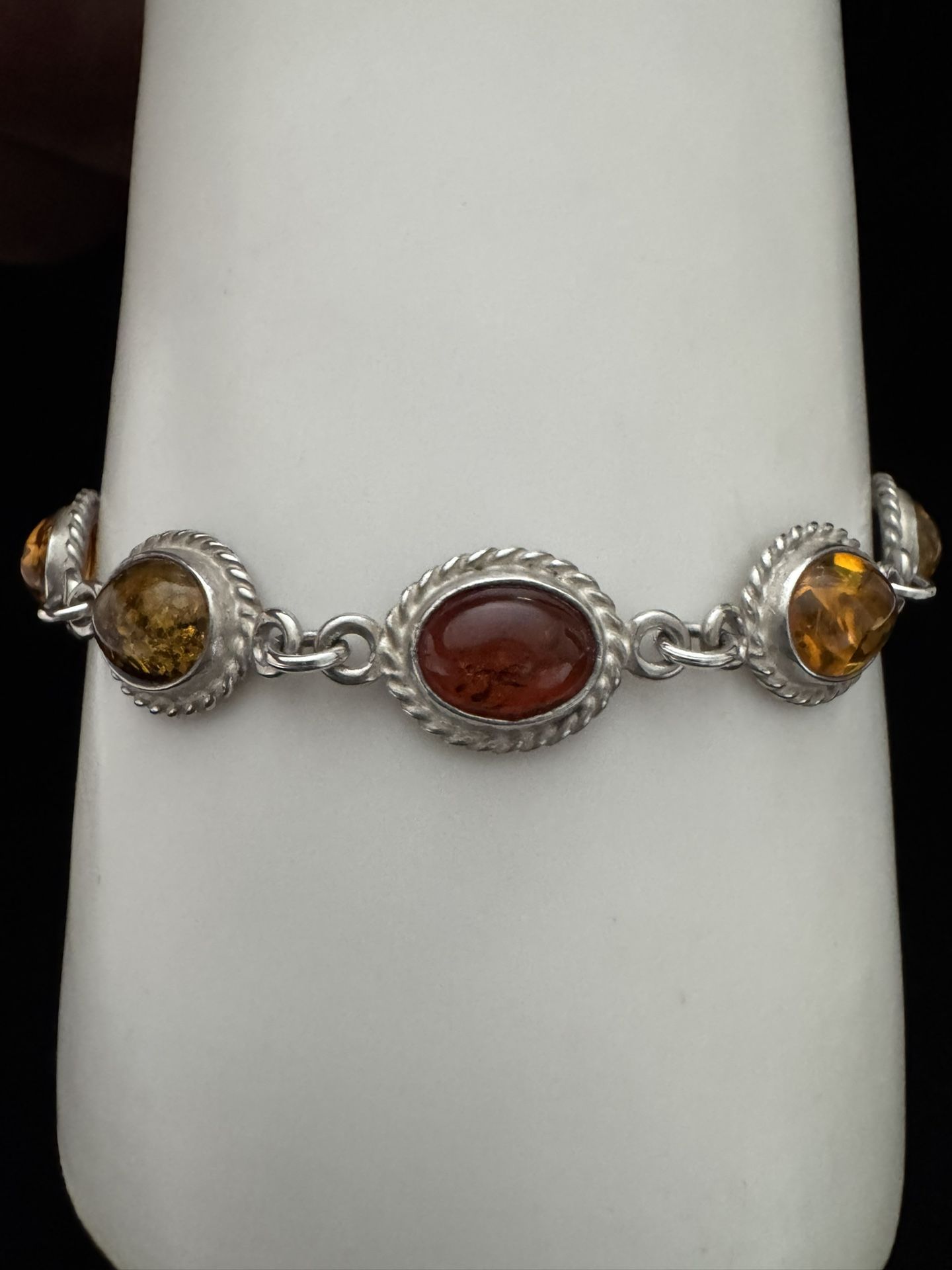 Sterling Silver ~8x6mm Amber Cabochon Cable Twist Detail Bracelet 8"