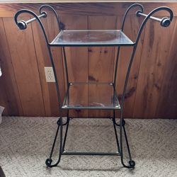 3 Tier Wrought Iron, Glass Shelves Accent Table. Pier One.   H-32” W-22”