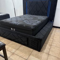 NEW IN BOX-  Black Velvet Platform/ Storage Bed Frame King & Queen Size LED LIGHTS & BLUETOOTH