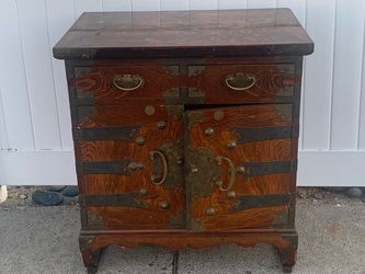 Vintage Korean tansu small cabinet with intricate bronze detail