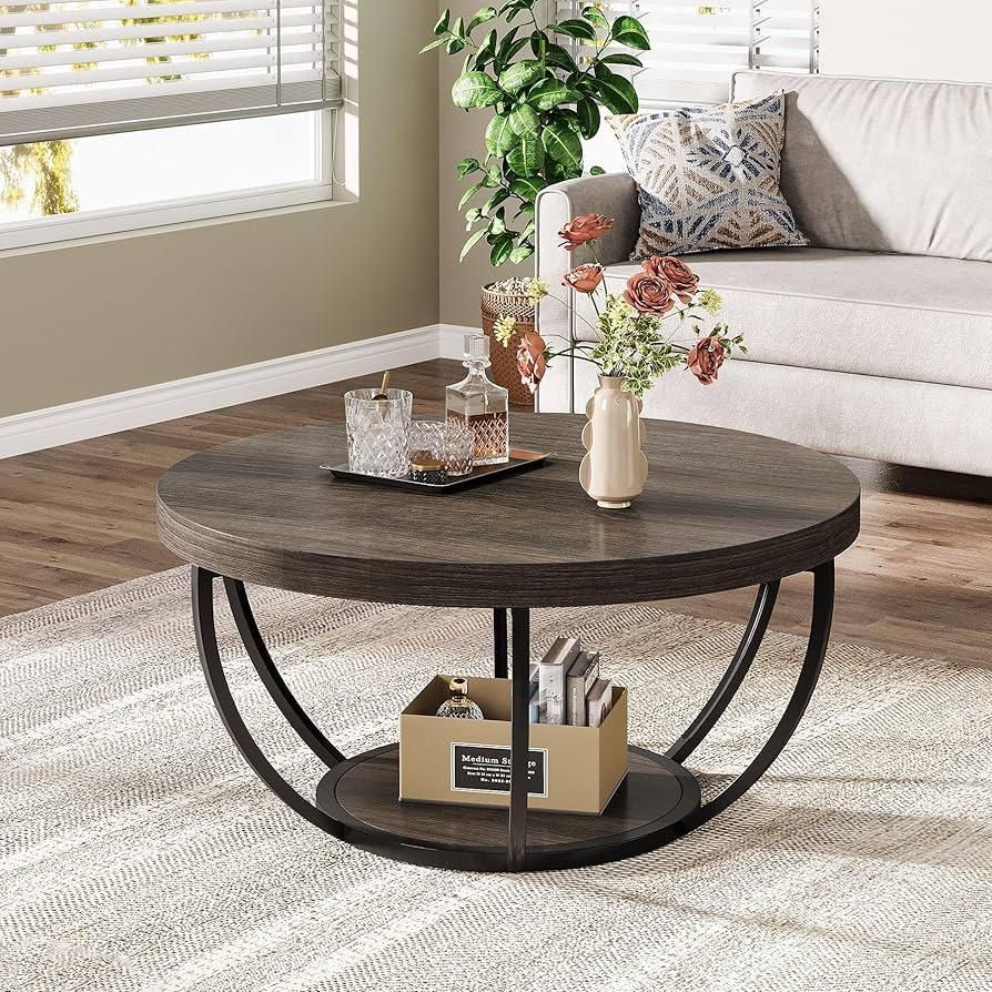 Round Coffee Table, 31.7 Inch, 2-Tier Wooden Circular Coffee Table with Storage Shelves, Modern Cocktail Center Table , Gray ✳️read Description ‼️
