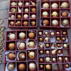 large Set Of Bronze, Gold, Copper Christmas Ornaments Glass
