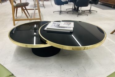 1960s Design Institute Of America Mid Century Smoked Glass & Brass Revolving Two Tier Coffee Table