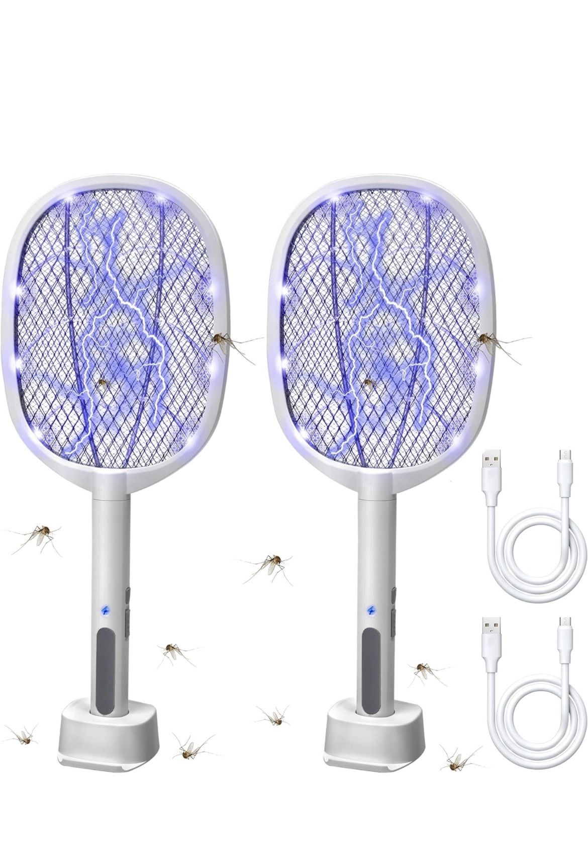 Lulu Home 2-in-1 Electric Bug Zapper Racket, 2 Pack 3000V High Voltage LED Lighted Handheld Mosquito Swatter with 3 Layer Safety Mesh, USB Charging Po