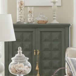 Unique Soft Olive Green Accent Side Table Vintage MCM Neoclassical Converted Sewing Cabinet