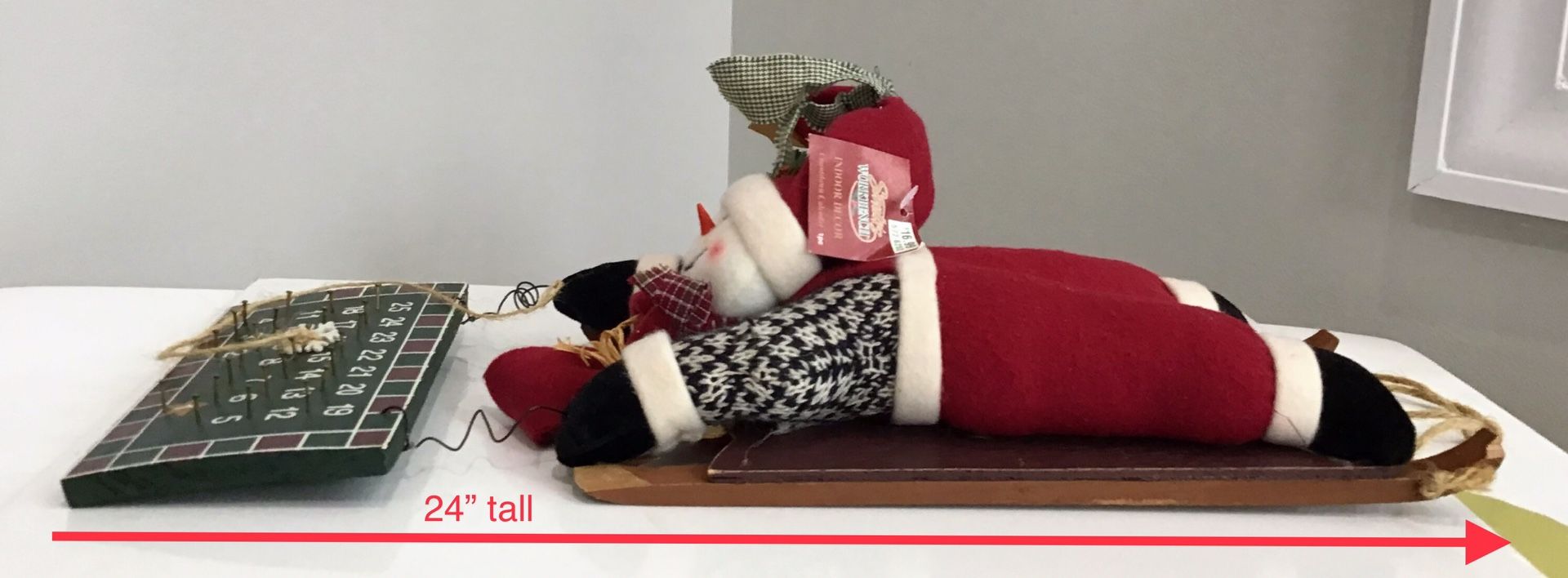 Santa’s Workbench Plush Snowman on a Wooden Sled with Christmas Countdown Calendar