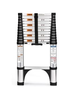 Telescoping Ladder, Stabilizers, Slow Down Design(12.5FT Button) Portable Telescopic RV Ladder for Outdoor Camper Trips Motorhome with Tool Platform