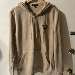 MENS TRUE RELIGION HOODIE JACKET - TAN - SIZE MEDIUM