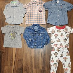 Boys Sz 12 mo NWOT and  Very Gently Worn Lot of Shirts, Denim Jacket, and Pajamas