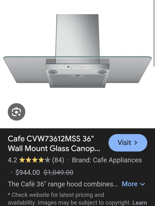 Range Hood Café 36 inches Stainless Steel Wall Mount Glass Canopy Chimney Hood