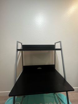 Modern 2-Tier Compact Computer Desk with Silver Metal Frame and Black Wood