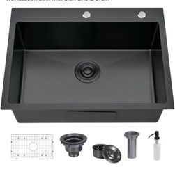 304 Stainless Steel Black Bar Sink, 30 X 22 Inch Drop In RV Kitchen Sink Modern Deep Single Bowl Topmount Wet Workstation Sink with Dish Grid & Drain 