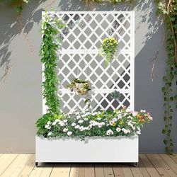 Metal Planter Box with Privacy Screen, White Lattice
with Wheels & Drainage Holes, Weatherproof Raised Garden Bed for Climbing Plants, Rust Resistant,