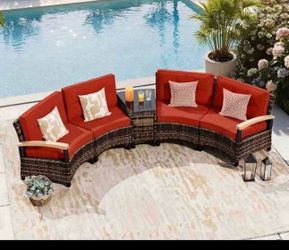5-Piece Half-Moon Curved Outdoor Patio Furniture Set, Sectional Conversation Sofa with Wood Armrests