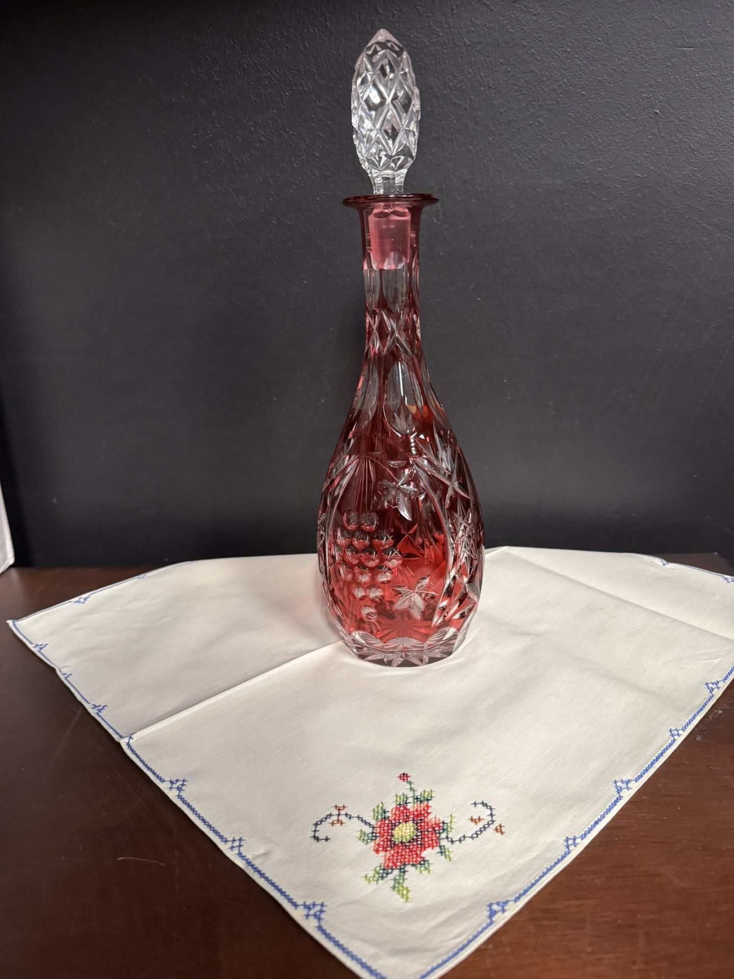 Vintage Bohemian Cut to Clear Crystal Decanter w/ Stopper done in Cranberry