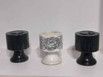 Vintage Solid Stone Candle Holder Set (3-piece) Marble & Carved Onyx/Abaster