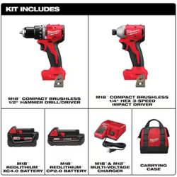 Milwaukee M18 18-Volt Lithium-Ion Brushless Cordless Compact Hammer Drill/Impact Combo Kit (2-Tool) with (2) Batteries, Bag