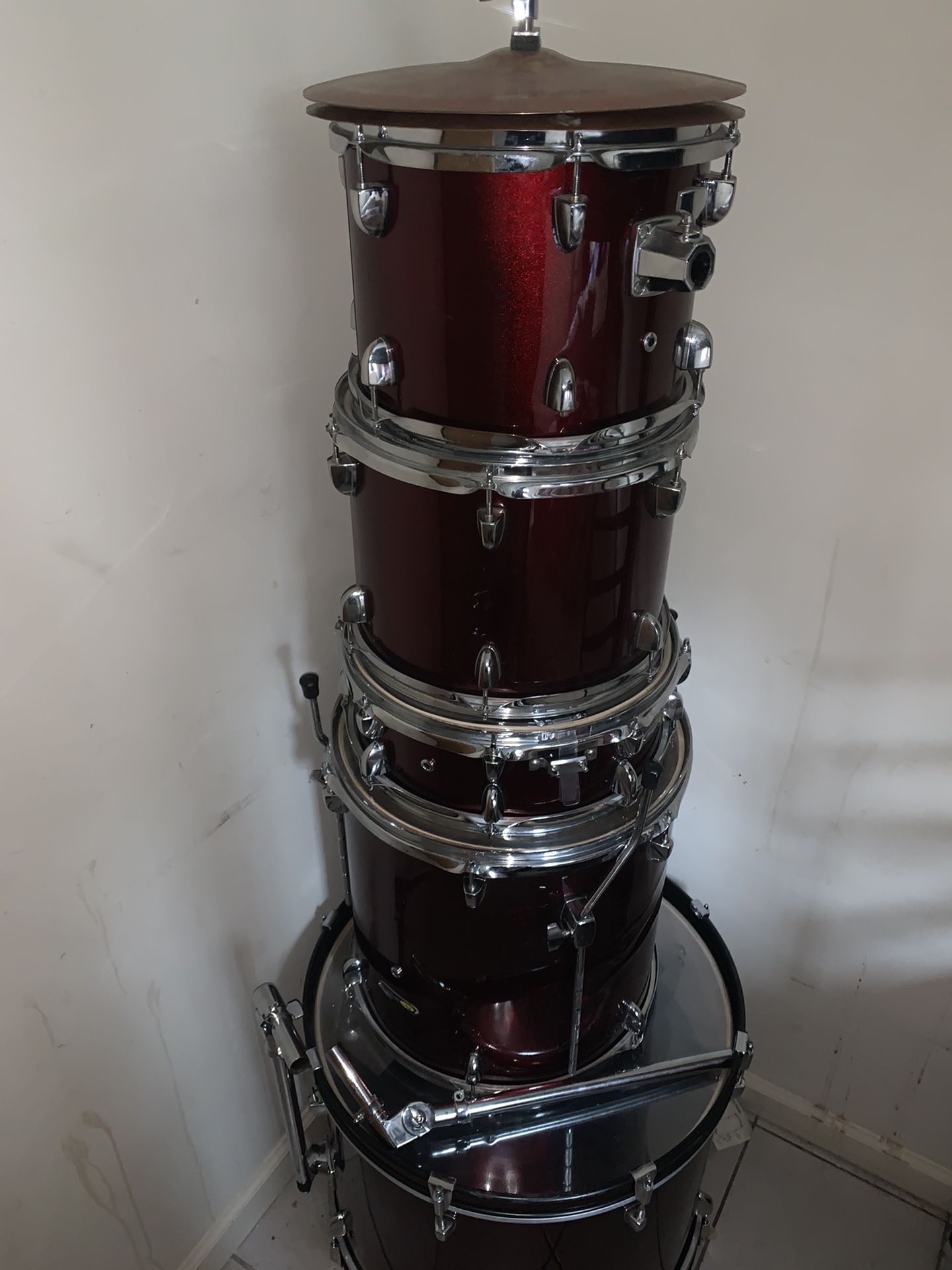 Sound percussion red drum set (3 free pair of drumsticks)