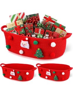 Christmas red/white  Rope Storage Basket with Holiday Decorations