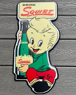 VINTAGE STYLE LITTLE SQUIRT SODA MASCOT EMBOSSED METAL SIGN