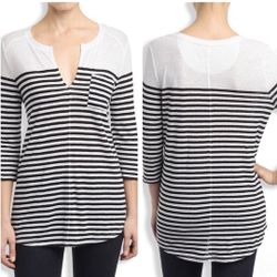 Lucky Brand Sz Small Stripe Pocket Tunic Black - White, 3/4 Sleeve, Striped, Linen Blend
