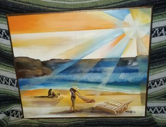Original Beach Scene Painting Signed Mandell
