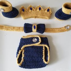 Crochet Baby Boy Prince Diaper Cover Outfit Photo Prop 