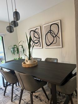 Modern Black Dining Table + 6 Gray Faux Leather Chairs, Like New